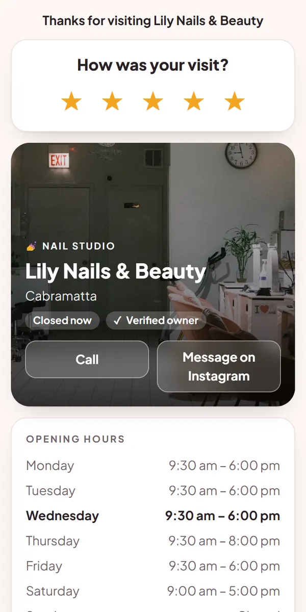 Phone showing a nail salon's review page: tap the stars, write a comment and add a photo