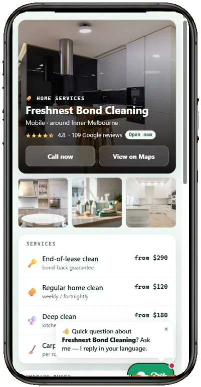 Example BookDone booking page for cleaning services on a phone