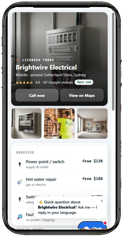 Example BookDone booking page for plumbers & electricians on a phone