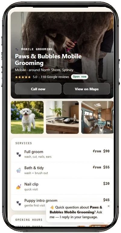 Example BookDone booking page for dog grooming on a phone