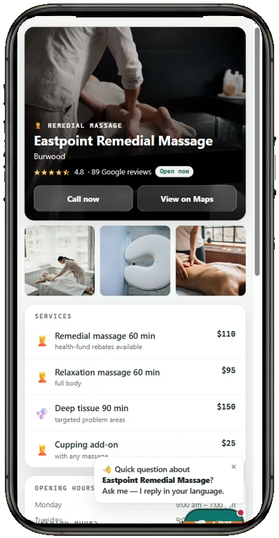 Example BookDone booking page for massage therapists on a phone