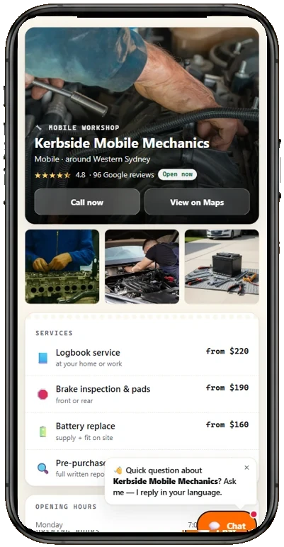 Example BookDone booking page for mobile mechanics on a phone