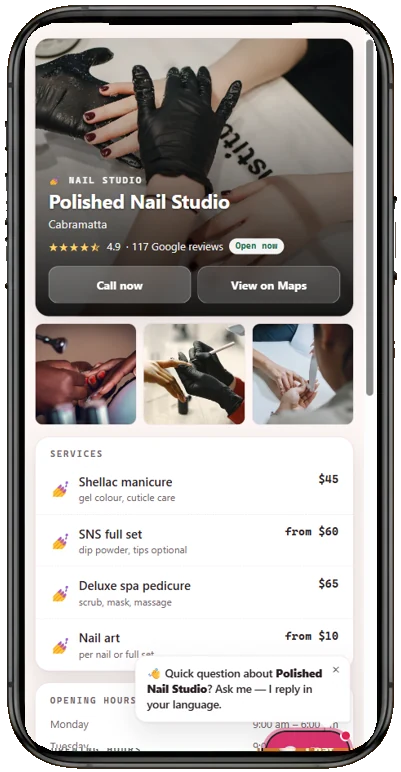 Example BookDone booking page for nail salons on a phone